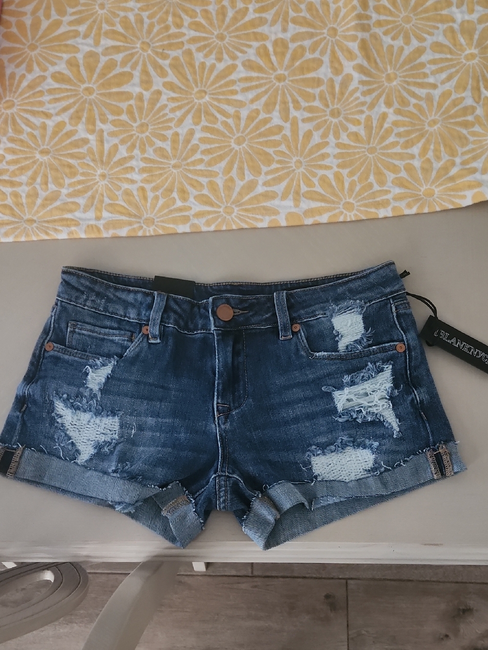 Blank NYC Dark Blue Distressed Cuffed Denim Shorts